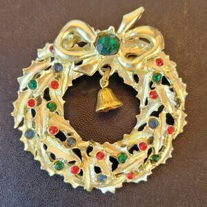 Vintage Christmas  / Holiday Wreath, Colored Rhinestones, Hanging Bell